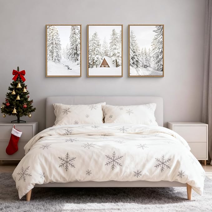 HLNIUC Christmas Snow Forest Framed Wall Art Set of 3, Large Winter Mountain Pine Tree Decor, Vintage White Cabin Landscape Canvas Art(24x36), Farmhouse Rustic Prints for Living Room, Bedroom, Office