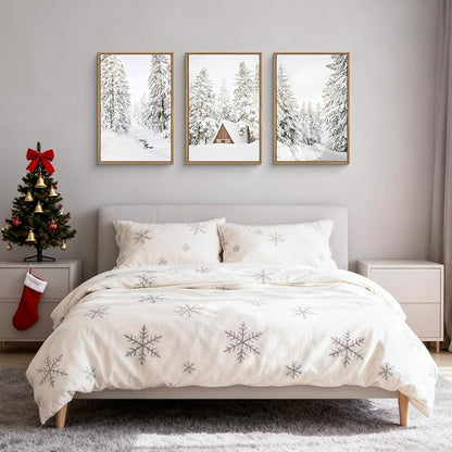 HLNIUC Christmas Snow Forest Framed Wall Art Set of 3, Large Winter Mountain Pine Tree Decor, Vintage White Cabin Landscape Canvas Art(24x36), Farmhouse Rustic Prints for Living Room, Bedroom, Office