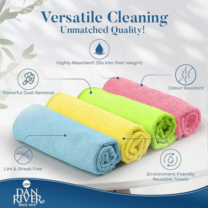 DAN RIVER 24-Pack Microfiber Towels – Ultra Absorbent, Lint-Free & Streak-Free Rags for Cleaning House, Car & Kitchen - Must-Have Cleaning Essentials - 12" x 12" - Assorted