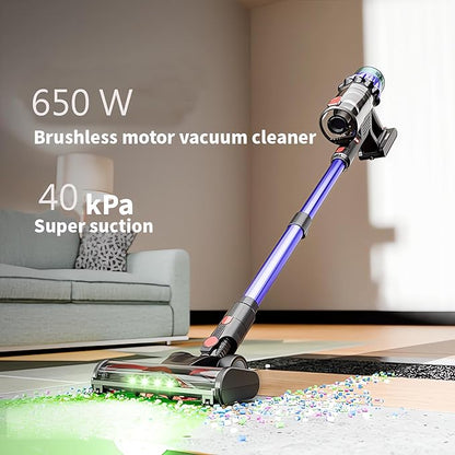 Cordless Vacuum Cleaner, 650W 40KPA 60 Mins Vacuum Cleaners for Home, Self-Standing Cordless Vacuum with Charging Dock Station, LED Display, Upgraded Anti-Tangle Stick Vacuum for Pet Hair/Carpet/Floor