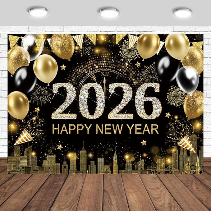 Gold 2026 Happy New Year Backdrop 7x5ft with Firework Balloon Decorations Photography Background New Year Eve Party Photo Studio Props
