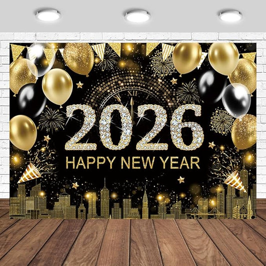 Gold 2026 Happy New Year Backdrop 7x5ft with Firework Balloon Decorations Photography Background New Year Eve Party Photo Studio Props