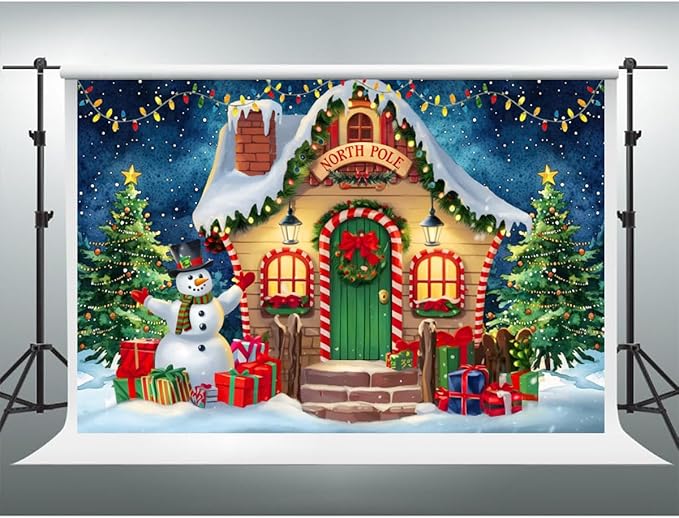 YongFoto Merry Christmas Backdrop 7x5ft North Pole Night Sky Pine Forest House Snowman Xmas Tree Photography Background 2026 New Year Winter Holiday Party Banner Photoshoot Wallpaper Photo Booth