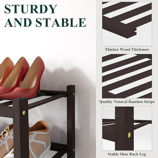 Smiry Shoe Rack, 3 Tier Long Bamboo Shoe Organizer, Stackable Free Standing Wooden Shoe Storage Shelf for Closet, Entryway, Front Door Entrance, Brown