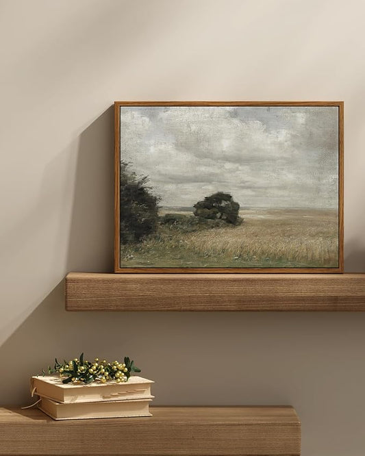 InSimSea Framed Canvas Wall Art Vintage Decor, Landscape Wall Art Prints, Vast Field Cloudy Sky Wall Print, Mid Century Modern Decor, Rustic Retro Farmhouse Bedroom Picture, 12"x16"