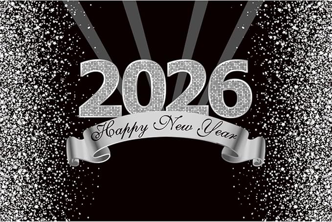 YongFoto 2026 Happy New Year Backdrop 8x6.5ft Black Silver Photography Background Merry Christmas Night Festival Carnival Celebration Party Banquet Decor Banner Photoshoot Wallpaper Photo Booth