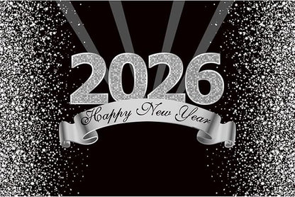 YongFoto 2026 Happy New Year Backdrop 8x6.5ft Black Silver Photography Background Merry Christmas Night Festival Carnival Celebration Party Banquet Decor Banner Photoshoot Wallpaper Photo Booth
