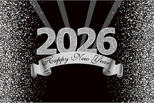 YongFoto 2026 Happy New Year Backdrop 10x5ft Black Silver Photography Background Merry Christmas Night Festival Carnival Celebration Party Banquet Decor Banner Photoshoot Wallpaper Photo Booth