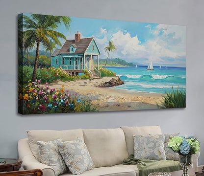 Anolyfi Tropical Canvas Wall Art for Living Room, Palm Tree Nature Coastal Seascape Painting Wall Decor Textured Artwork for Bedroom Hallway Kitchen Office Home Decor 48"x24"