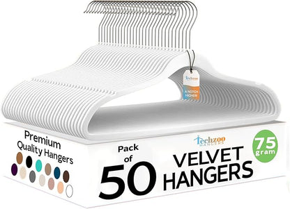 Premium Velvet Hangers 50 Pack Ultra Thin Non Slip Adult Felt Space Saving Slim Suit Hanger for Closet Heavy Duty Coat Pants Jackets Dress Hangers 360° Swivel Hook Hold Upto 10 lbs White