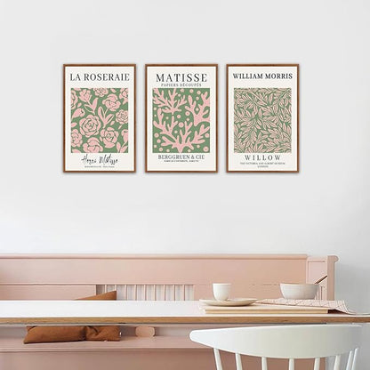 HLNIUC Matisse Picasso Framed Wall Art,Neutral Pink Green Flower Canvas Wall Decor Set of 3(16”x24’) William Morris Framed Wall Painting,Modern Aesthetic Pictures Art Print for Living Room,Bedroom