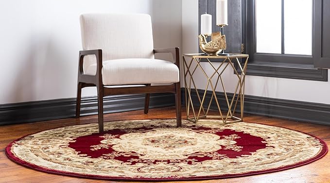Rugs.com Chateau Collection Rug – 6 Ft Round Red Medium-Pile Rug Perfect for Kitchens, Dining Rooms