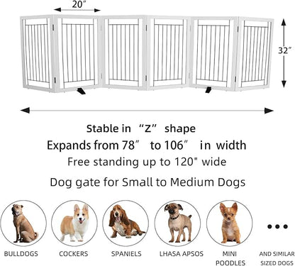 ZJSF Freestanding Dog Gate Indoor, Foldable Dog Fence for Doorways,Hallways or Stairs, Sturdy Wood Extra Wide Pet Gate with Support Feet,White,32 "Height-6 Panels