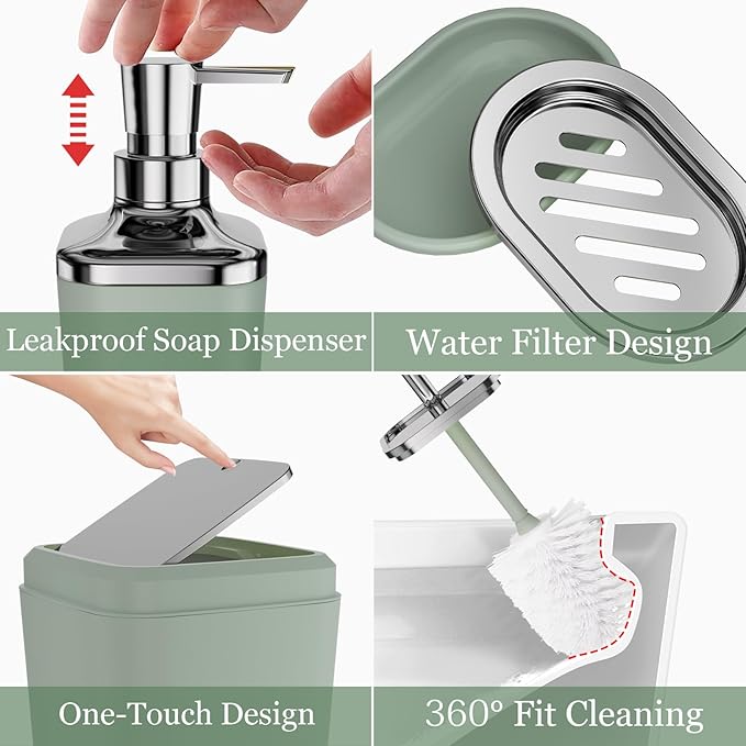 Sage Green Bathroom Set - 24PC Bathroom Sets with Shower Curtain and Rugs, Sage Green Bathroom Accessories Set with Press-on Lid Bathroom Trash Can, Soap Dispenser