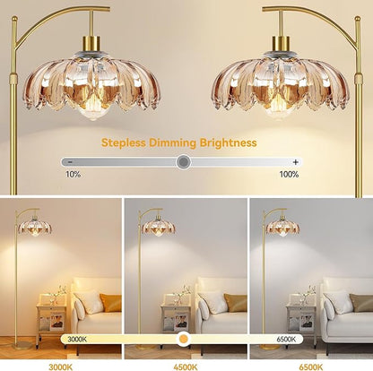 Arc Floor Lamp for Living Room Gold Floor Lamp with Remote Control,Dimmable Floor Lamps Glass Lamp Shades Vintage Standing Lamp with 3 Color Temperature Tall Flower Lamps for Bedroom