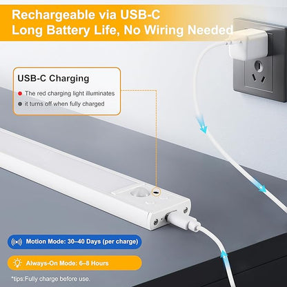 8 Inch Under Cabinet Lighting, 2 Pack Rechargeable Motion Sensor Light, USB Wireless Indoor Closet Lights, 3 Color & 5 Level Dimmable, Easy Installation Lights for Kitchen, Pantry, Stairs