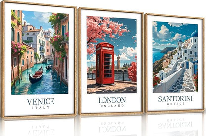 HLNIUC Italy Coast Wall Art Framed, Blue Europe Cityscape Italian Wall Decor set of 3 (24"x36"), Venice London Santorini Travel Landmark Beach Canvas Painting for Living Room, Bedroom, Office
