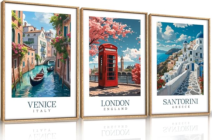HLNIUC Italy Coast Wall Art Framed, Blue Europe Cityscape Italian Wall Decor set of 3 (16"x24"), Venice London Santorini Travel Landmark Beach Canvas Painting for Living Room, Bedroom, Office