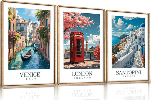 HLNIUC Italy Coast Wall Art Framed, Blue Europe Cityscape Italian Wall Decor set of 3 (16"x24"), Venice London Santorini Travel Landmark Beach Canvas Painting for Living Room, Bedroom, Office