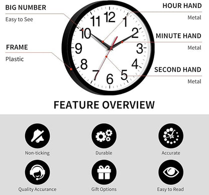 14 Inch Wall Clock Modern Battery Operated Silent Non Ticking Large Analog Clock for Living Room Office Home Bedroom Kitchen Bathroom(Black)