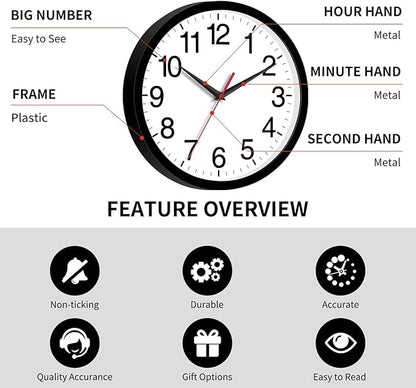 12 Inch Wall Clock Modern Battery Operated Silent Non Ticking Analog for Bedroom Office Living Room Home Kitchen Bathroom(Black)