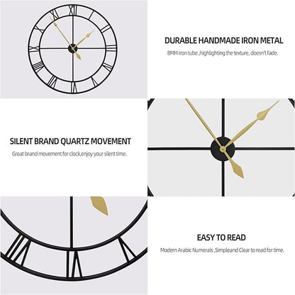 LEIKE 40 Inch Extra Large Modern Wall Clock, Oversize Rustic Round Nearly Silent Battery Operated, Black Metal Roman Numerals Wall Clocks for Living Room, Bedroom, Entrance Home Decor