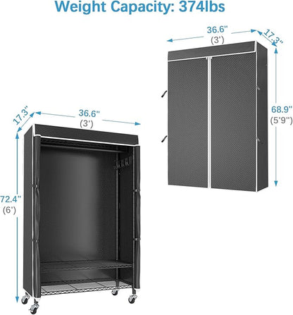 VIPEK R3C Rolling Clothes Rack with Cover Portable Closet for Hanging Clothes, Heavy Duty Garment Rack Freestanding Racks with Wheels&Side Hooks, Black Rack with Black Upgraded Polyester Cover