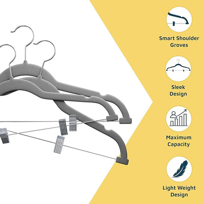 Velvet Skirt Hangers – with Adjustable Clips, 360 Degree Swivel Hook, and Non-Slip Shoulder Notch, Holds Up to 10 lbs, for Organizing Skirt, Pants, Dress, and Clothes, Pack of 50, Gray