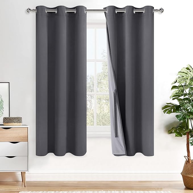 XWZO 100% Blackout Window Curtains - Thermal Insulated & Noise Reduction Black Liner Ring Top Window Treatment Sewn with Tiebacks for Bedroom/Living Room, Dark Grey, W38 x L72, Set of 2
