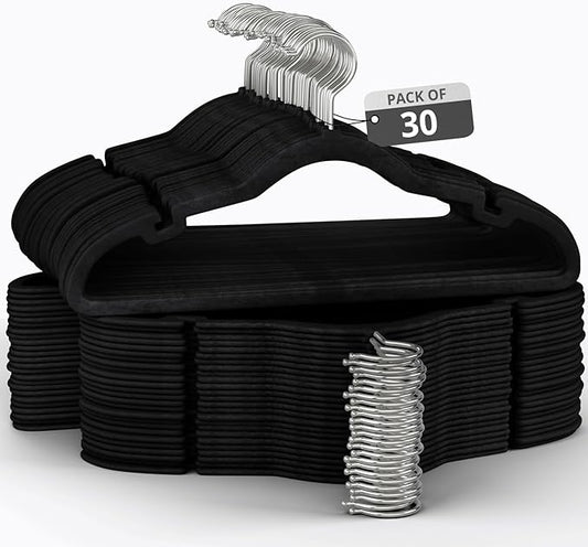 30 Pack Velvet Hanger for Shirt Pants Dresses Skirts Suits Jackets - Slim Space Saving Design - Standard Coat Hanger - Sturdy & Durable Design with Shoulder Grooves Hook - Black