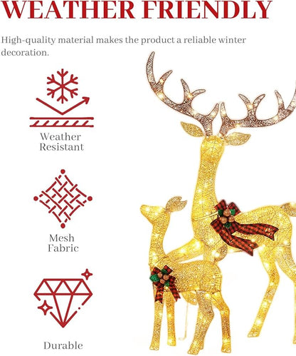 3-Piece Large Lighted Christmas Deer Family Set, Christmas Indoor and Outdoor Decoration with 225 Warm White LED Lights, Ground Pegs, Cable Ties. Suitable for Patio Lawn Garden Party-Cold