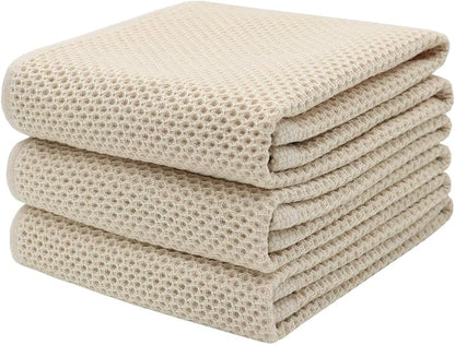 Mia's Dream Soft Absorbent Cotton Waffle Weave Kitchen Dish Cloth Washcloth, 13x28 inch 3 Pack (Beige)