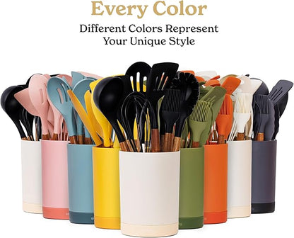 Silicone Kitchen Utensils Set & Holder: Cooking Utensils Set - Kitchen Essentials for New Home & 1st Apartment- Silicone Spatula Set, Cooking Spoons for Nonstick Cookware (Acacia Wood, Cream White)