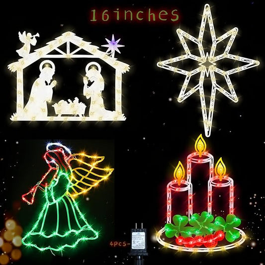 Christmas Decorations - 16" Christmas Window Silhouette Lights Decorations - 4 Pack Colour Lighted Angel ＆ Bethlehem Star ＆ Nativity ＆ Candle for Holiday Wall Door Window Decorate