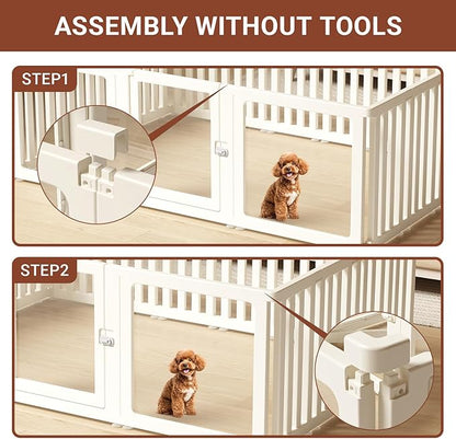 Transparent 17-Panel Dog Playpen, Acrylic Indoor/Outdoor Puppy Pen for Small & Medium Dogs, 24 Inch with Door, White(Ventilated Design 74 * 50 Single Room,24 inch)