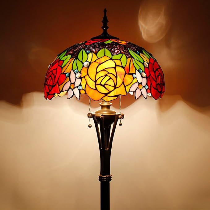 Tiffany Floor Lamp Red Yellow Rose Stained Glass Standing Reading Light 16X16X70 Inches Antique Pole Corner Lamp Decor Bedroom Office Living Room