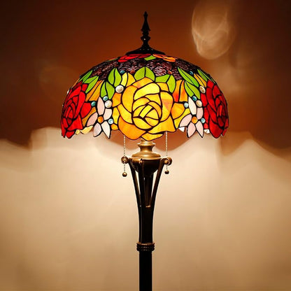 Tiffany Floor Lamp Red Yellow Rose Stained Glass Standing Reading Light 16X16X70 Inches Antique Pole Corner Lamp Decor Bedroom Office Living Room