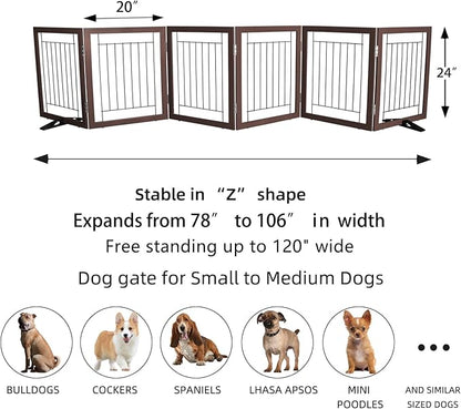 ZJSF Freestanding Dog Gate Indoor, Foldable Dog Fence for Doorways,Hallways or Stairs, Sturdy Wood Extra Wide Pet Gate with Support Feet,Brown,24 "Height-6 Panels
