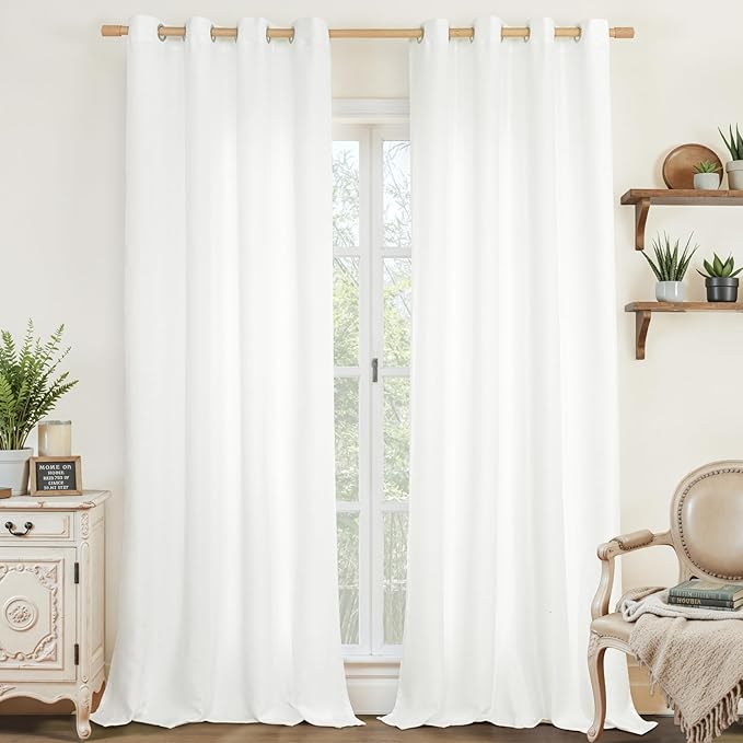 LAMIT White Linen Textured Curtains for Bedroom, Grommet Thermal Insulated Thick Faux Linen Curtains Noise Reducing Window Treatment Drapes for Living Room/Kitchen, Set of 2 Panels, W52 x L90