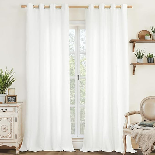 LAMIT White Linen Textured Curtains for Bedroom, Grommet Thermal Insulated Thick Faux Linen Curtains Noise Reducing Window Treatment Drapes for Living Room/Kitchen, Set of 2 Panels, W52 x L90
