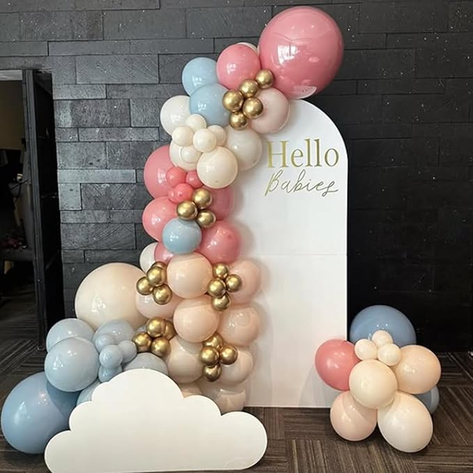 Gender Reveal Balloons, 12 Inch Dusty Pink Blue White Sand and Gold Balloons for Boho Neutral Baby Shower Birthday Party Boy or Girl Gender Reveal Decorations