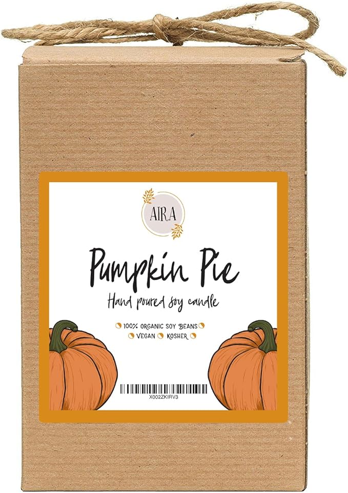 Aira Soy Candles - Organic, Kosher, Vegan, in Farmhouse Jar w/Essential Oil Blends - Hand-Poured 100% Soy Candle - Paraffin Free, Burns 150+ Hours - Fall Candle - Pumpkin Pie - 20 Ounces