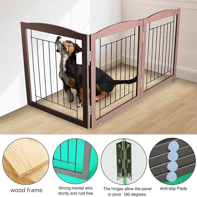 ZJSF Freestanding Foldable Dog Gate for House Extra Wide Wooden Brown Puppy Gate Stairs Dog Gates Doorways Tall Pet Gate 32 "Height 3 Panels Pet Fence