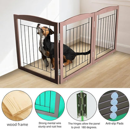 ZJSF Freestanding Foldable Dog Gate for House Extra Wide Wooden Brown Puppy Gate Stairs Dog Gates Doorways Tall Pet Gate 32 "Height 3 Panels Pet Fence