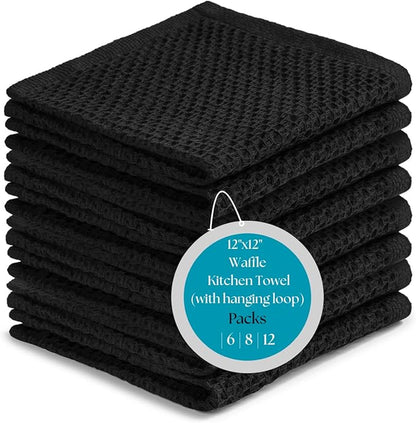 Premium Cotton Waffle Wash Cloths - Pack of 8 (12x12 Inches), Ultra Soft, Absorbent, Quick Dry Dish Cloth, Best for Wash Cloth & Dish Rags - Black (Kitchen Essentials)