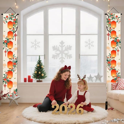 Nuxovilar Happy New Year Banner, 70.86" x 11.81" Orange Citrus Pattern Hanging Decorations for Outdoor Indoor Home Wall