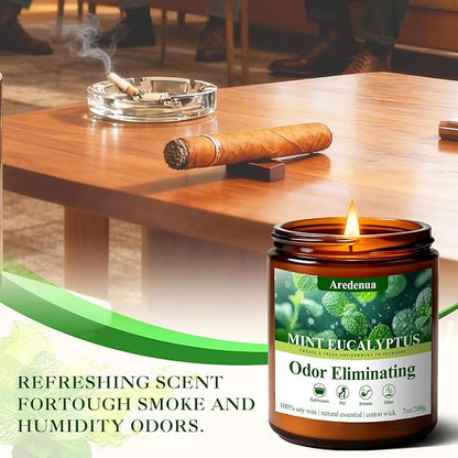 Mint Eucalyptus Odor Eliminating Candles | Eliminates 95% of Pet, Smoke & Bathroom Odors – 7 oz Hand Poured Non-Toxic Soy Candle - Air Freshing Scented Candles - Stress Relief Gifts for Women Men