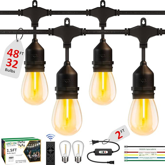 50FT Outdoor String Lights Waterproof with 30+2 Bulbs(𝟏.𝟓𝐅𝐓 𝐁𝐮𝐥𝐛𝐥𝐬 𝐒𝐩𝐚𝐜𝐢𝐧𝐠), Remote & Dimmer, Commercial Grade Patio Lights with 3 Mode Light & Timing,100PC Ties for Outside
