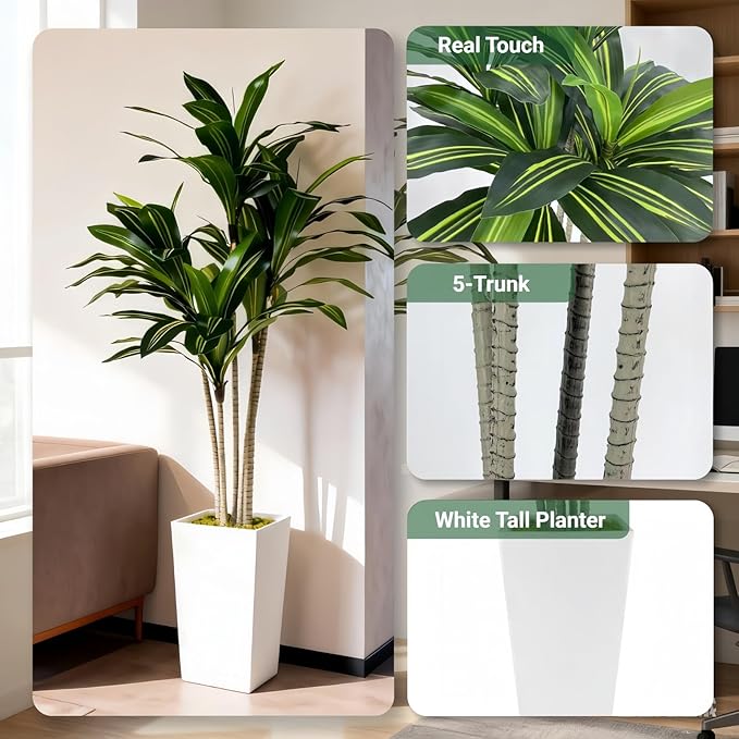 Artificial Dracaena Tree 5FT with White Tall Planter - Artificial Plants Indoor,Faux Yucca Tall Fake Floor Plant in Pot for Home Office Living Room Decor Indoor
