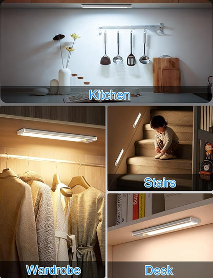 Under Cabinet Lighting with Charging Station, 2000mAh Rechargeable Motion Sensor Light Indoor, 3 Color Tempers Dimmable Closet Lights Wireless, Magnetic Under Cabinet Lights for Kitchen, 3-Pack
